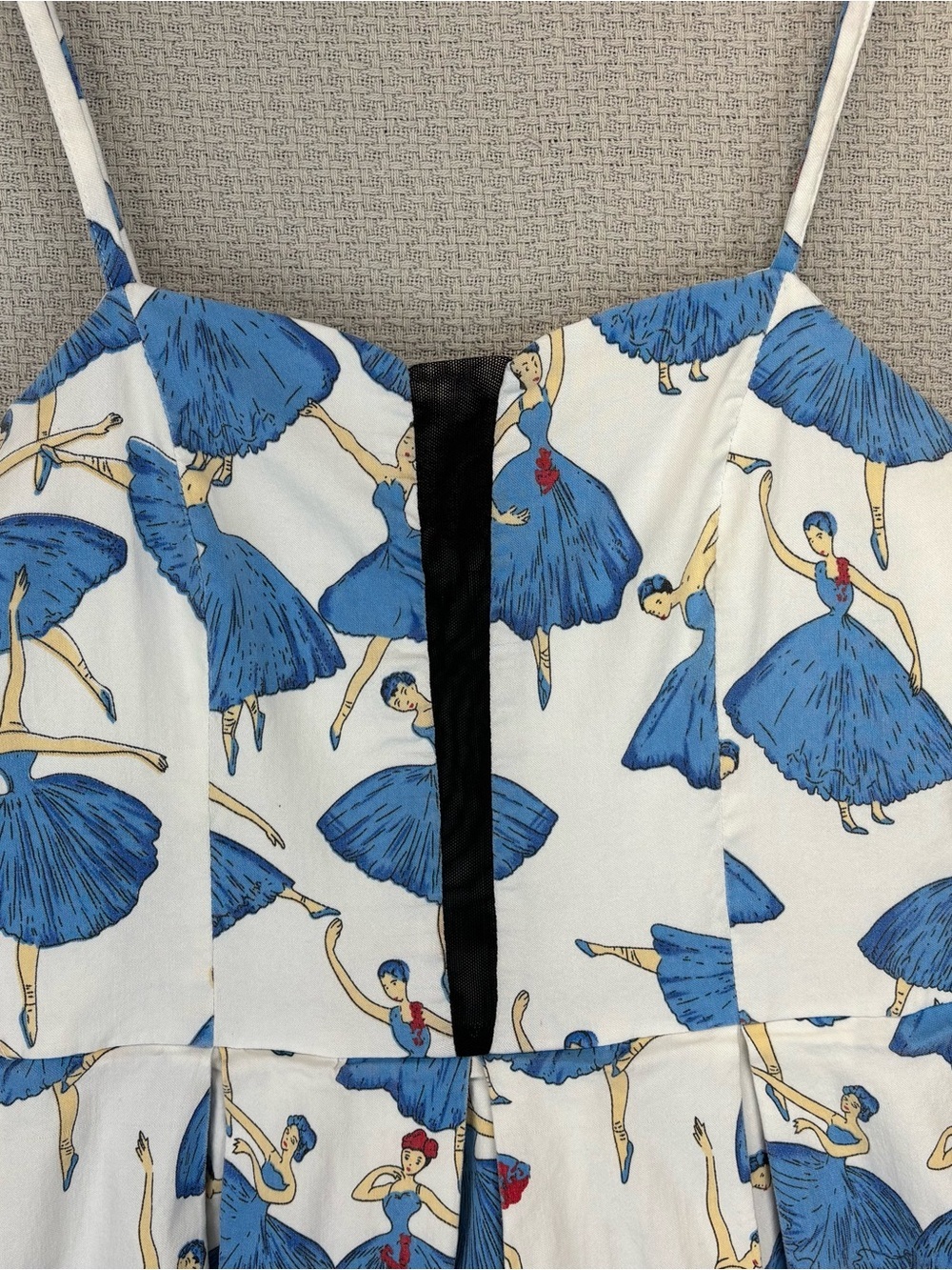 Kling Spaghetti Strap Blue Ballerina Print Mini Dress Sz S Pin Up Retro No Tag - Picture 2 of 7